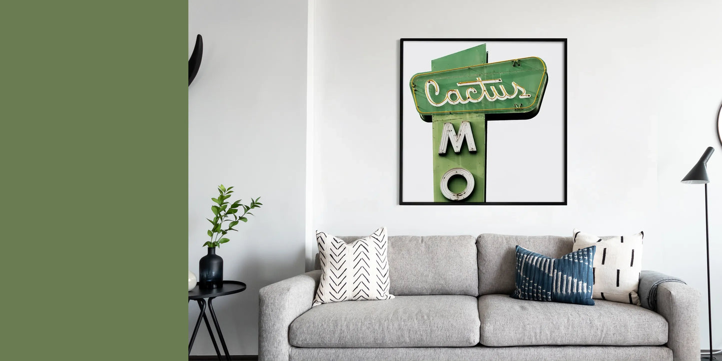 fine art print of cactus framed above couch 