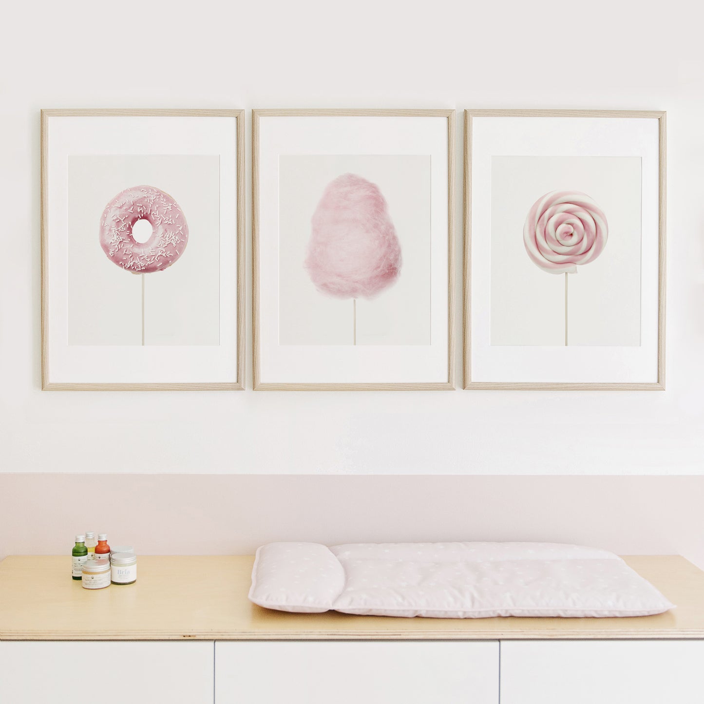 Pink Candy Art Prints Set of 3 cotton candy, lollipop , donut nursery wall art 